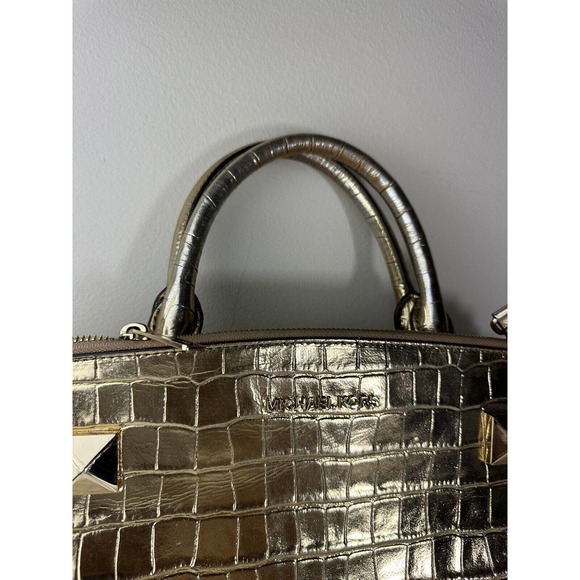 Michael Kors Gold Karla Satchel Shoulder Bag Handbag Purse Embossed Leather - Picture 15 of 16